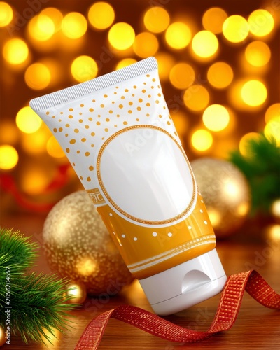 Blank White Cosmetic Tube Mockup With Golden Pattern Decor For Christmas Holiday Beauty Product Ad