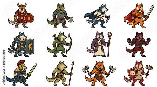 Foto Cartoon fantasy creatures with weapons standing.