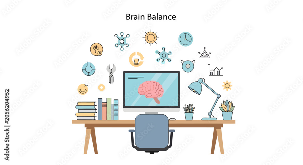 Fototapeta premium Brain Balance Concept Illustration: Workspace Desk with Computer and Mental Health Icons
