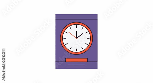 A stylized alarm clock with a purple body, orange trim, and white face shows the time