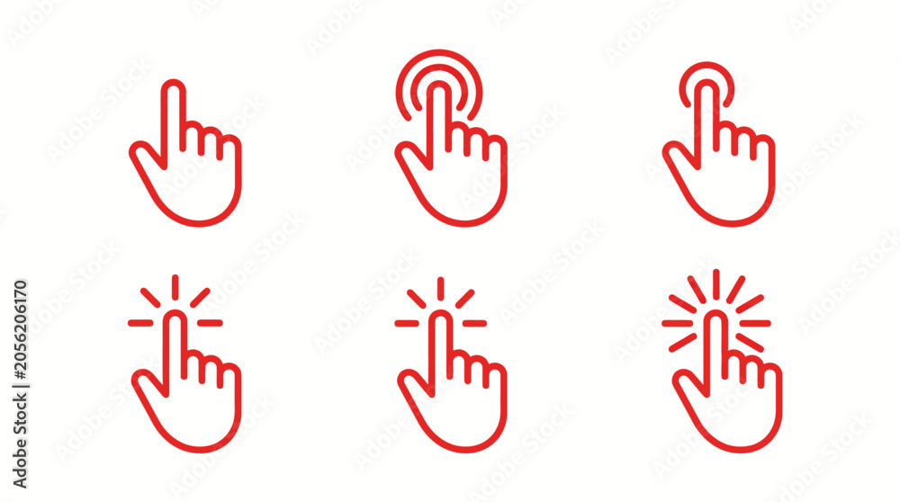 Fototapeta premium Six red hand cursor icons showing clicking and tapping interactions with click effects for UI design