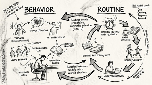 Habit loop psychology infographic, behavior and routine cycle diagram, hand-drawn mental health and productivity flowchart on paper background