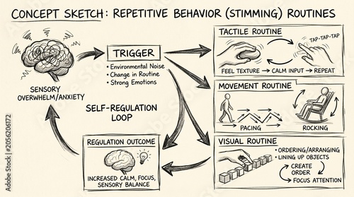 Hand-drawn concept sketch of repetitive behavior stimming routines, neurodiversity self-regulation loop diagram, sensory overwhelm and anxiety mental health illustration