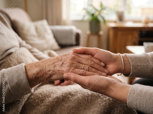 Close-up of a young person comforting an elderly individual by holding their hand.