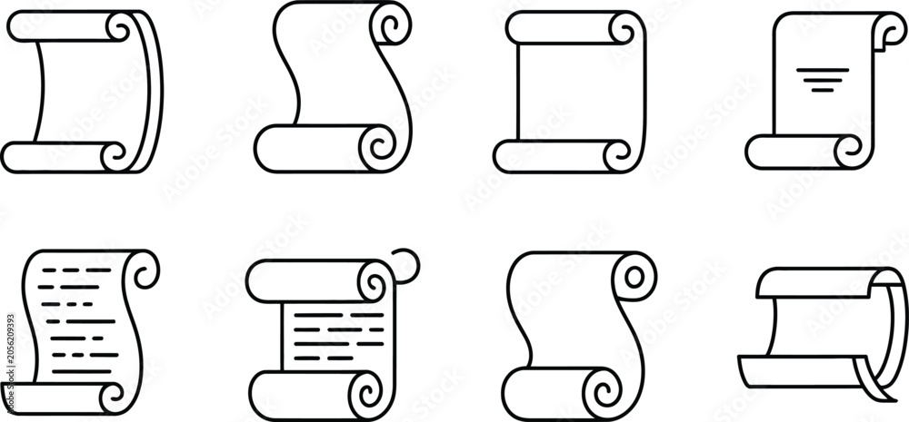 Foto scroll outline icons pack featuring parchment folio and roller