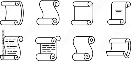 Foto scroll outline icons pack featuring parchment folio and roller