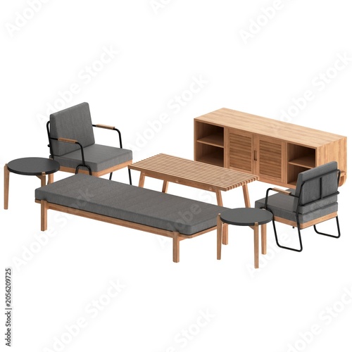Perspective view of oak living room set with daybed sofa, lounge chair, coffee table, side tables, and TV cabinet in modern style.