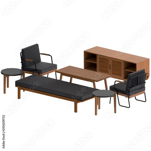 Perspective view of teak living room set with daybed sofa, lounge chair, coffee table, side tables, and TV cabinet.