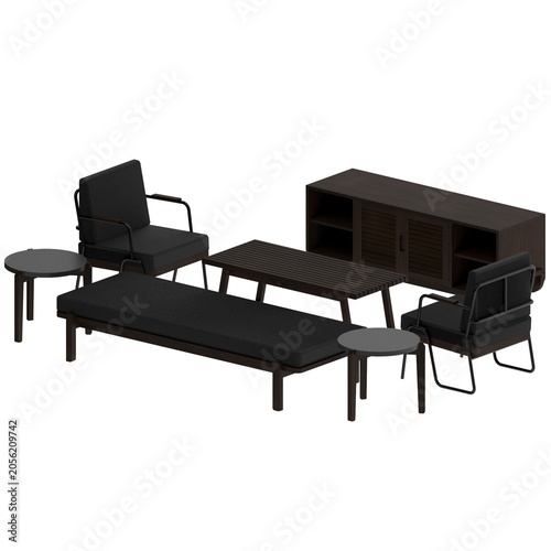 Perspective view of walnut living room set with daybed sofa, lounge chair, coffee table, side tables, and TV cabinet.