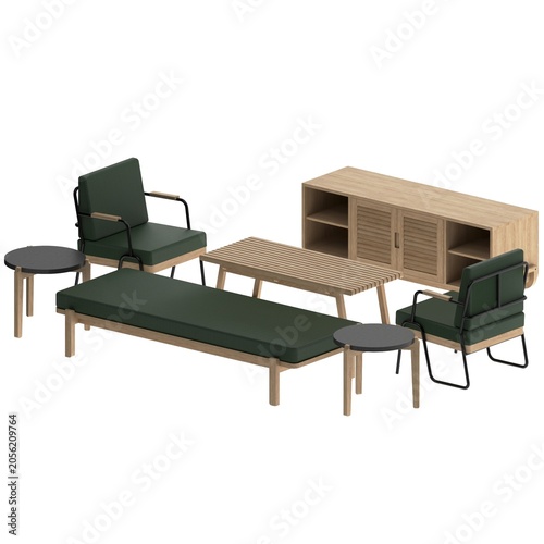 Perspective view of white oak living room set with daybed sofa, lounge chair, coffee table, side tables, and TV cabinet.
