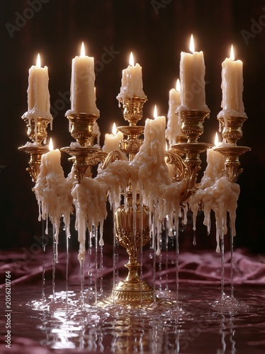 Ornate brass candelabra with multiple dripping candles, showcasing melted wax and warm light, placed on a reflective surface with a rich fabric backdrop