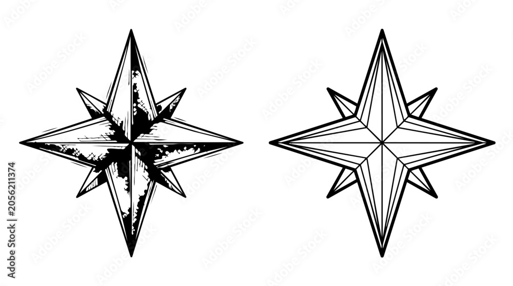 Obraz premium Two Compass Rose Illustrations Black And White Line Art On A Transparent Background