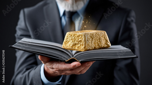 Golden nugget floating above open book held by businessman in suit, symbolizing knowledge and wealth inspiration