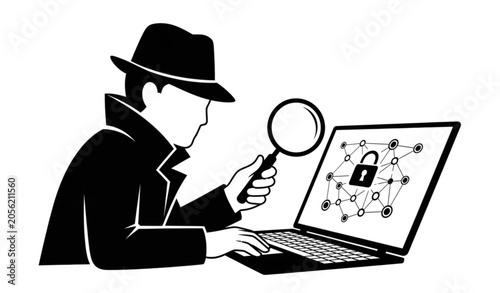 Photography Detective and laptop anonymous security silhouette icon