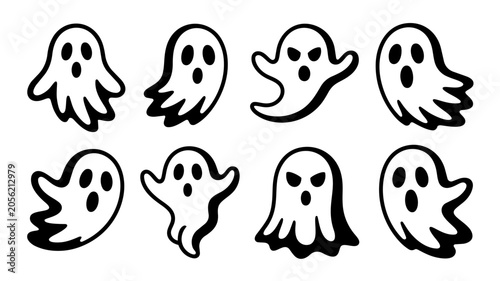 Eight Black And White Ghost Shapes Against A White Background Vector Illustration