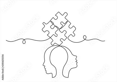 Head mind people with folded puzzle  continuous line. Disorder, confusion and order, mental balance, calm in thoughts. Logic and creative thinking. Hand drawn one line vector. Editable stroke	