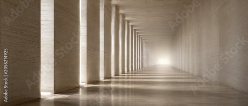 Infinite Light Corridor with Repeating Architectural Columns and Luxury Perspective Depth