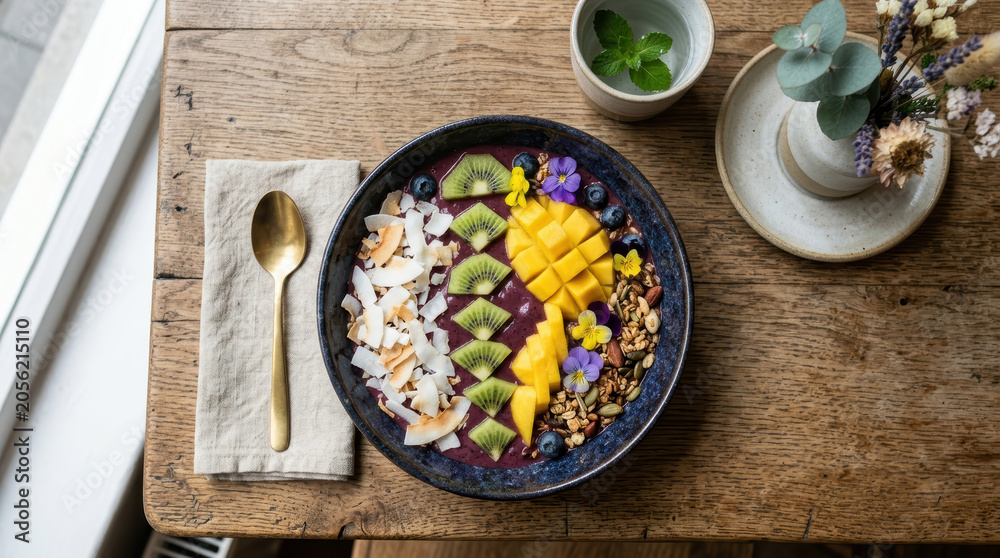 Obraz premium Acai bowl kiwi mango blueberry coconut granola edible flower breakfast fruit bowl healthy meal on rustic wooden table with spoon mint vase calm natural light