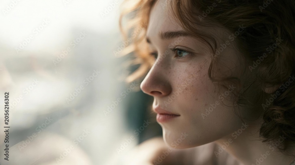 Obraz premium Close-up portrait of a young woman's face. she appears to be in her late twenties or early thirties, with shoulder-length curly hair and freckles on her face.