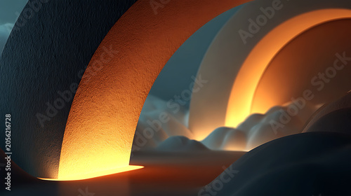 Surreal Abstract Arches Above Cloud Landscape with Glowing Light, Dreamlike Background for Creative Branding and Advertising
