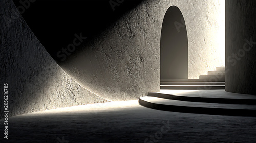 Minimal Monochrome Architectural Interior with Archway and Shadows, Contemporary Background for Corporate Presentation Design