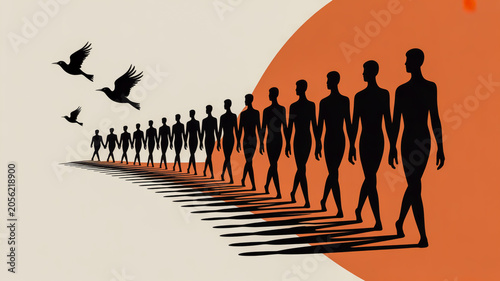 A minimalist artistic illustration showing a line of black silhouetted figures walking in a single file against a white and orange split background.