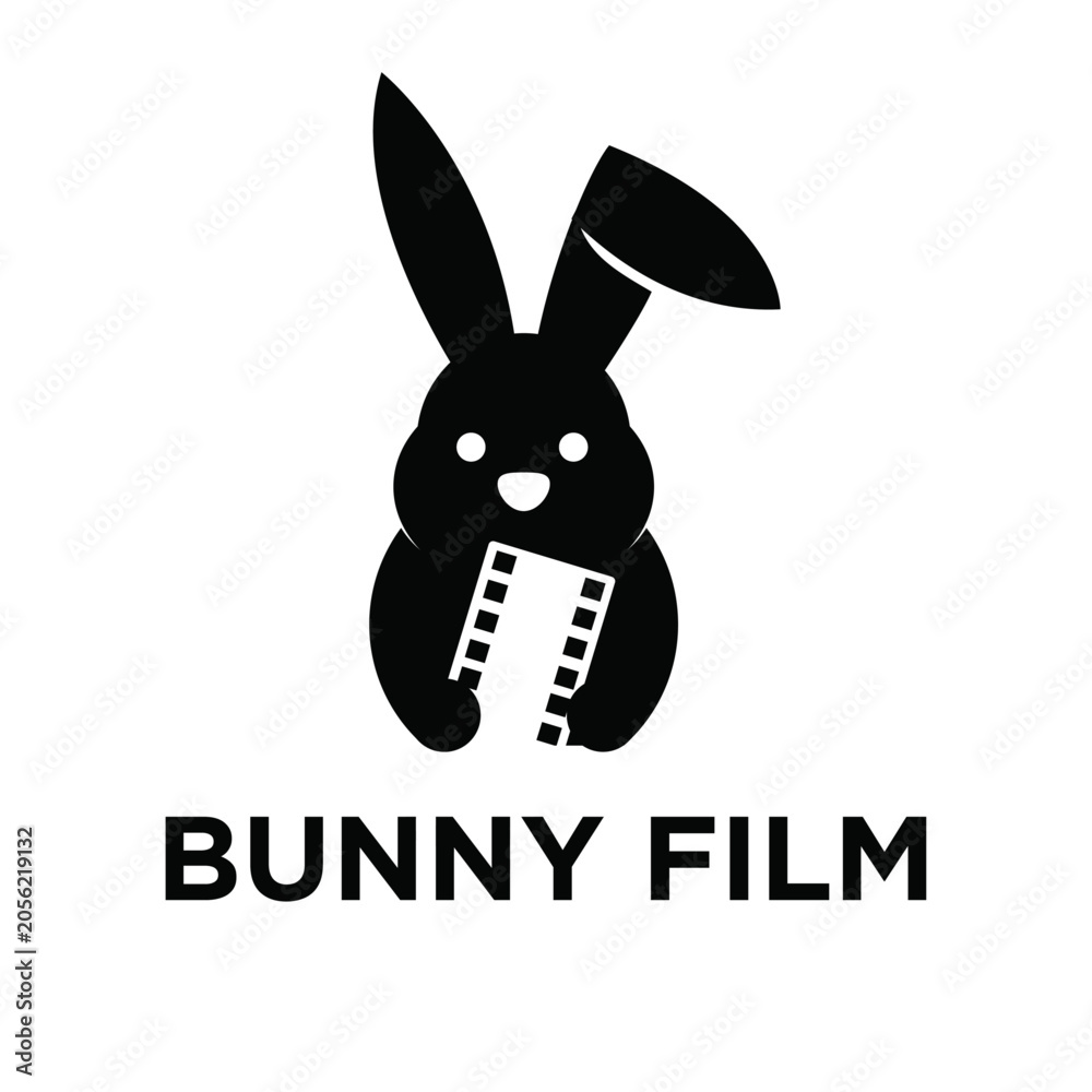 Fototapeta premium Minimalist Black Bunny Film logo featuring a rabbit silhouette holding a movie film strip, ideal for entertainment and video production branding.