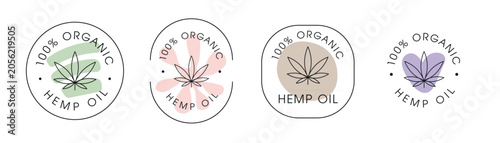 Hemp Oil Organic Product Quality Certification Badge Set, vector illustration.