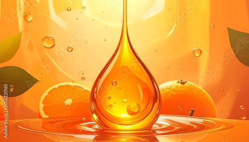 Golden Citrus Oil Droplet Floating Above Glossy Surface with Fresh Orange Slices