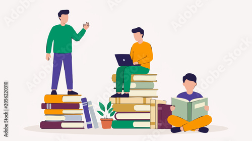 Obraz na plátně People learning, studying, and reading on stacks of books with a laptop