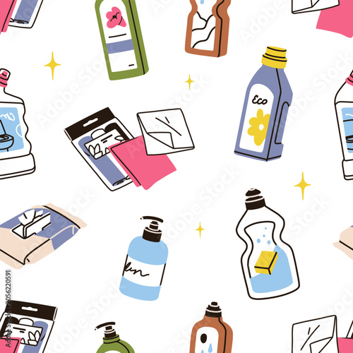 Seamless pattern with household cleaning products and supplies. Repeating bac...