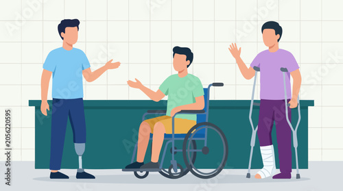 Diverse group of men with disabilities and injuries in rehabilitation setting