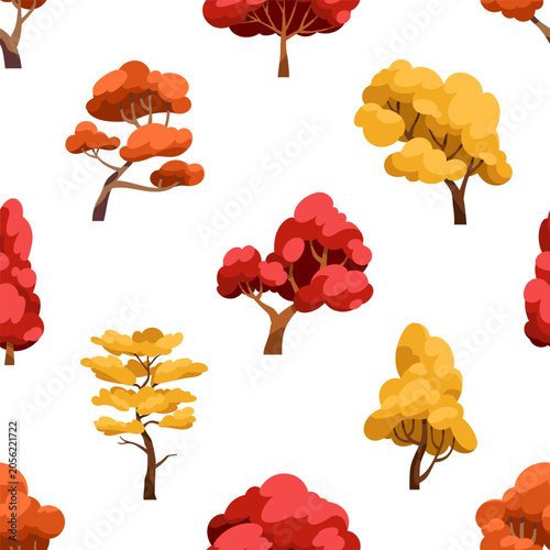 Fall trees pattern. Seamless autumn nature texture with seasonal yellow, oran...
