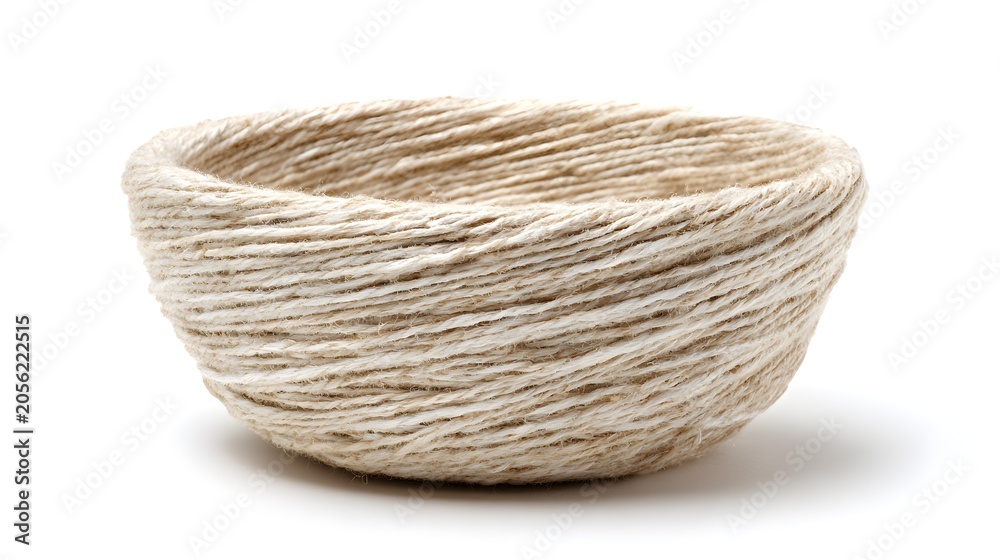Obraz premium Handmade beige twine bowl crafted from coiled jute rope isolated on white background, rustic artisanal interior decor