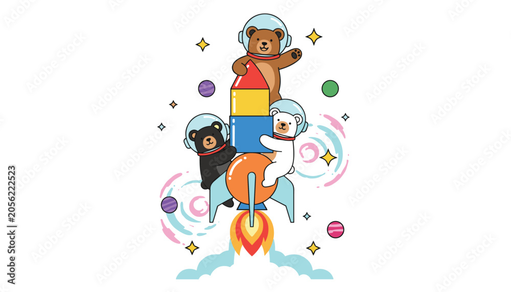Naklejka premium Three cute cartoon space bears wearing helmets and flying on a colorful rocket ship through a starry galaxy.