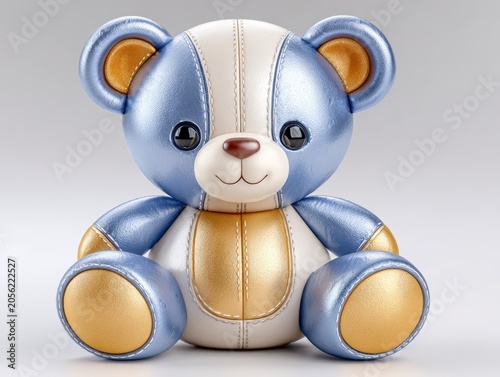 Shiny Metallic Blue And Gold Teddy Bear Toy On A Soft Neutral Studio Background For Children