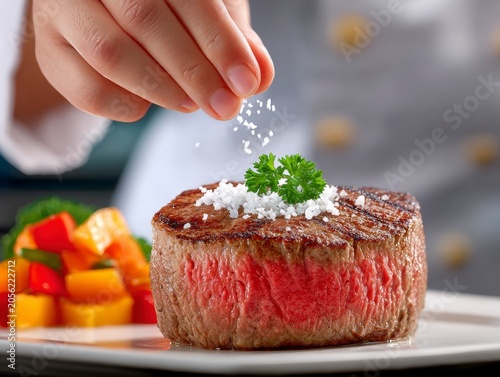 Professional Chef Sprinkling Sea Salt Over A Grilled Medium Rare Filet Mignon Steak With Vegetables