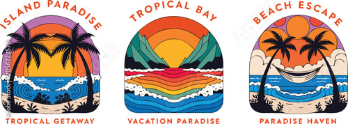 Принти на полотні Set of circular travel labels depicting tropical palm trees and sunset beach sce