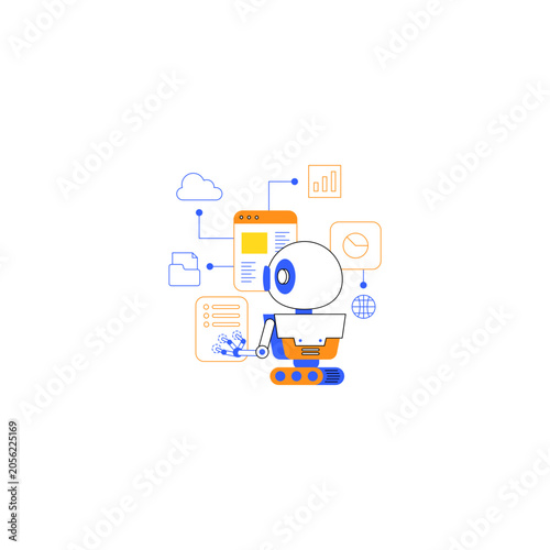 Robot, technology, automation, innovation, icons, blue, orange, vector graphics