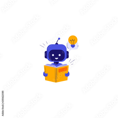 Robot, blue, smiling, lightbulb idea, yellow book, vector illustration, technology, innovation, creative thinking