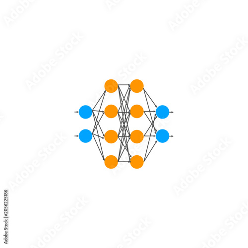 Neural network, artificial intelligence, machine learning, orange and blue nodes