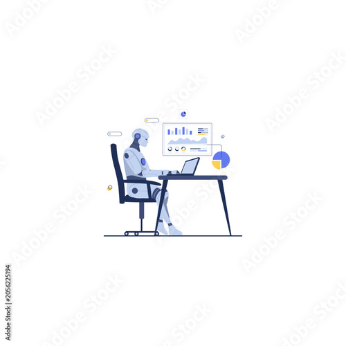 Businessman working on laptop, office workspace, data analysis, productivity concept, vector illustration