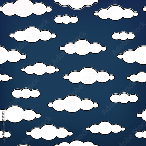 Seamless pattern with beautiful fluffy clouds on dark blue sky background. Vector illustration.