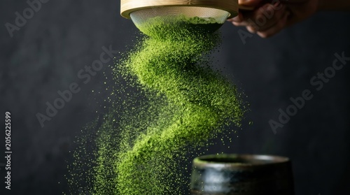 Vibrant green matcha powder sifting into a bowl with a dynamic swirl effect on a dark background