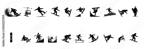 Bild auf Leinwand Snowboarding Athlete Tricks and Equipment Silhouette Icon Collection Vector Set