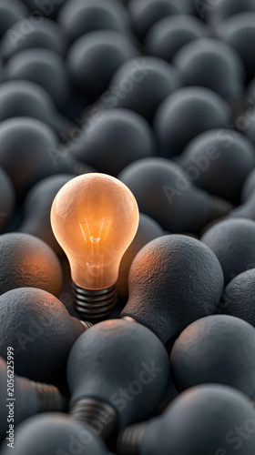 A Single Glowing Idea: An illuminated incandescent light bulb stands out amongst a sea of dark, unlit bulbs, symbolizing innovation, inspiration, and a singular brilliant concept.