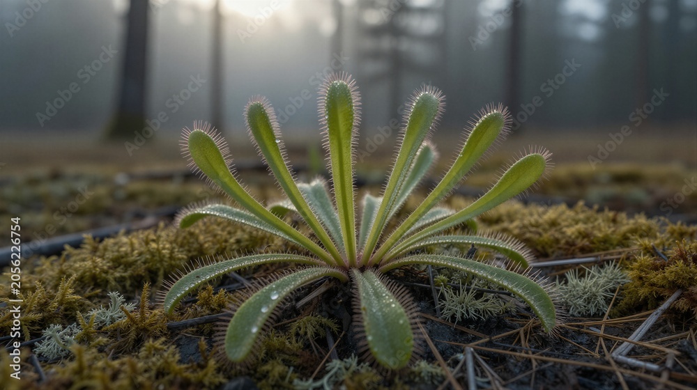 Obraz premium A sundew plant thrives in Liberec's Jizera Mountains Peat Bog, its radiating spoon-shaped leaves covered in fine dew droplets.