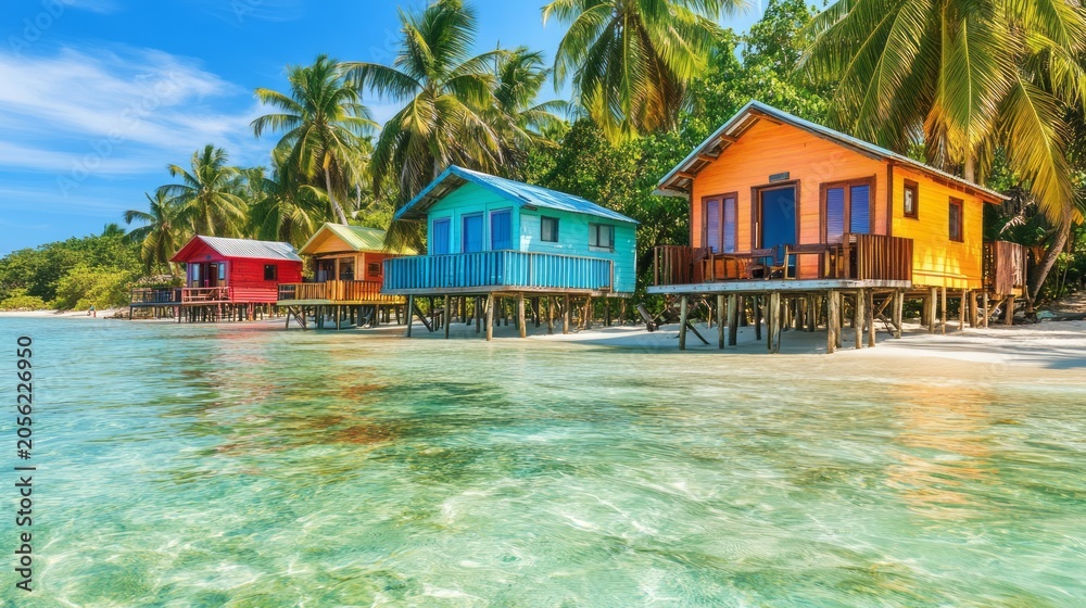 Obraz premium Colorful overwater bungalows on tropical island lagoon with palm trees white sand clear sea and sunny sky idyllic vacation resort landscape for travel tourism holiday honeymoon escape leisure retreat