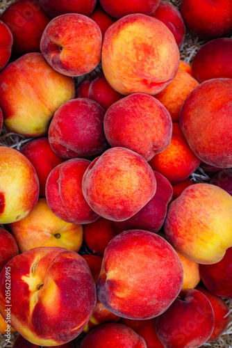 Fresh peaches gathered in a basket during summer season at a local farm market in the countryside