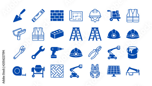 Foto Construction, engineering, industrial tools, and building icons.